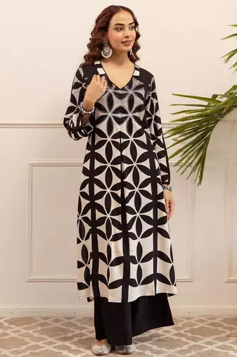 Printed A Line Beads and Stones Kurta With Palazzos