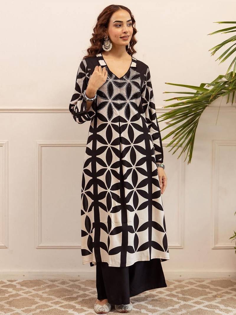 Printed A Line Beads and Stones Kurta With Palazzos