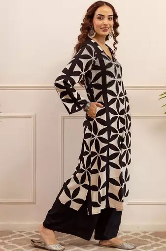 Printed A Line Beads and Stones Kurta With Palazzos