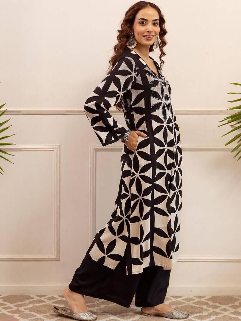 Printed A Line Beads and Stones Kurta With Palazzos