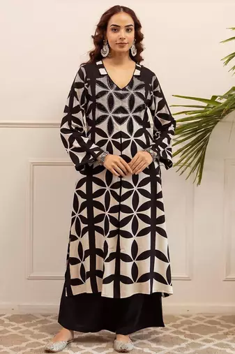 Printed A Line Beads and Stones Kurta With Palazzos