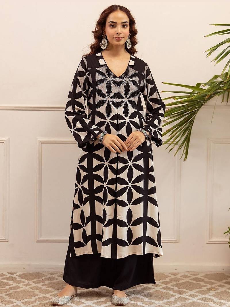 Printed A Line Beads and Stones Kurta With Palazzos