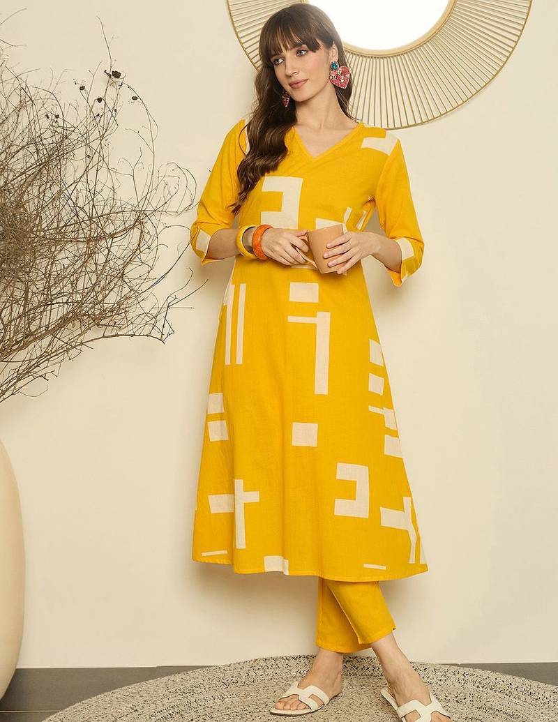 Geometric Printed V-Neck A-Line Pure Cotton Kurta with Trousers