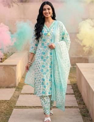 Women Floral Printed V-Neck Pure Cotton Kurta With Salwar & Dupatta 1