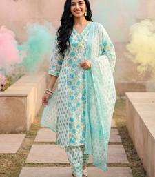 Women Floral Printed V-Neck Pure Cotton Kurta With Salwar & Dupatta