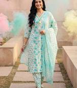 Women Floral Printed V-Neck Pure Cotton Kurta With Salwar & Dupatta