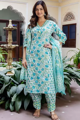 Women Floral Printed V-Neck Pure Cotton Kurta With Salwar & Dupatta