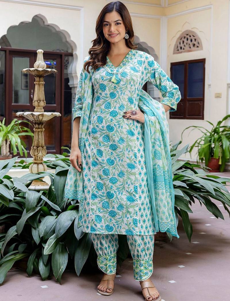 Women Floral Printed V-Neck Pure Cotton Kurta With Salwar & Dupatta