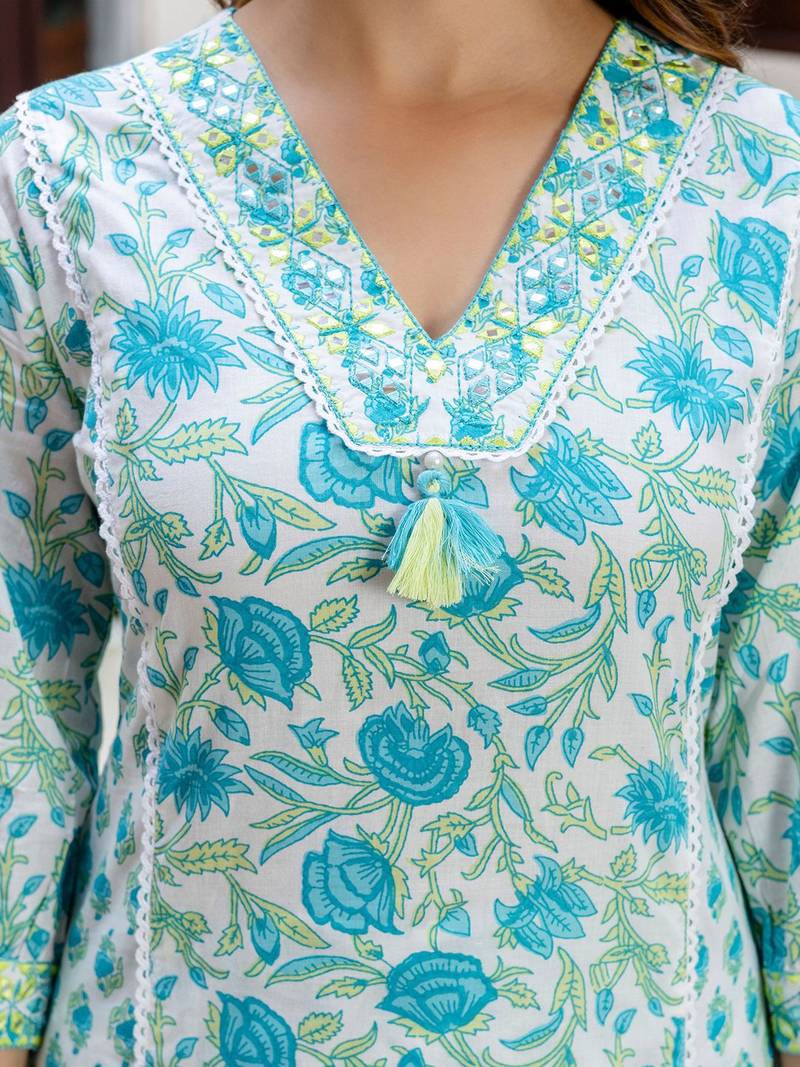 Women Floral Printed V-Neck Pure Cotton Kurta With Salwar & Dupatta
