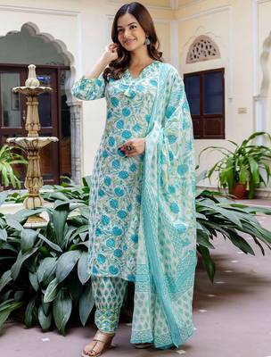 Women Floral Printed V-Neck Pure Cotton Kurta With Salwar & Dupatta 6