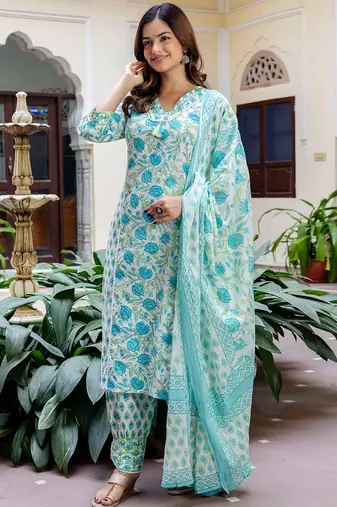 Women Floral Printed V-Neck Pure Cotton Kurta With Salwar & Dupatta