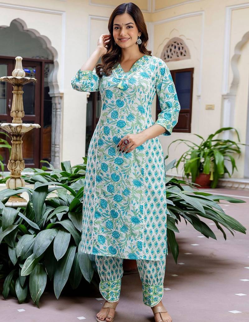 Women Floral Printed V-Neck Pure Cotton Kurta With Salwar & Dupatta