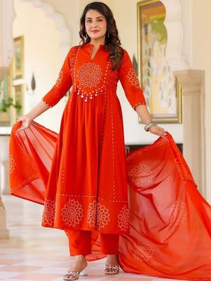 Women Floral Printed Regular Mirror Work Pure Cotton Kurta with Trousers & With Dupatta 6