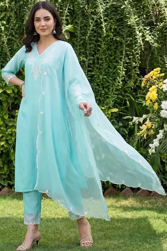 Women Ethnic Motifs Embroidered Regular Thread Work Liva Kurta with Trousers & With Dupatta