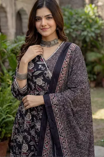 Women Floral Printed Angrakha Pure Cotton Kurta with Trousers & With Dupatta