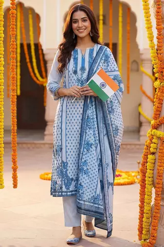 Ethnic Motifs Printed Notch Neck Thread Work Pure Cotton Kurta Trousers & Dupatta