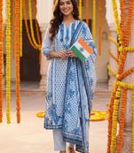 Ethnic Motifs Printed Notch Neck Thread Work Pure Cotton Kurta Trousers & Dupatta