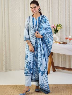 Ethnic Motifs Printed Notch Neck Thread Work Pure Cotton Kurta Trousers & Dupatta 2