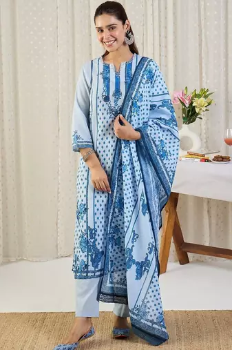 Ethnic Motifs Printed Notch Neck Thread Work Pure Cotton Kurta Trousers & Dupatta