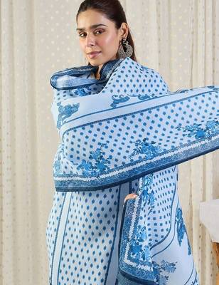 Ethnic Motifs Printed Notch Neck Thread Work Pure Cotton Kurta Trousers & Dupatta 3