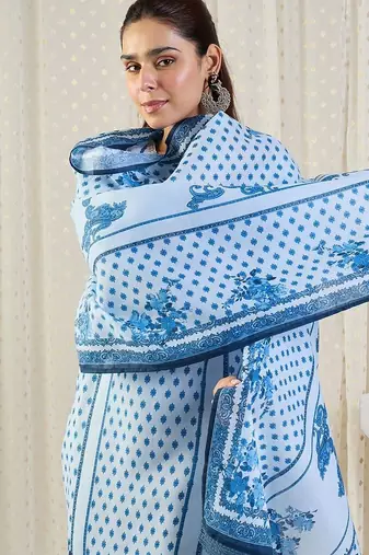 Ethnic Motifs Printed Notch Neck Thread Work Pure Cotton Kurta Trousers & Dupatta