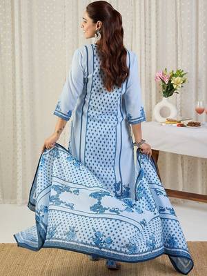 Ethnic Motifs Printed Notch Neck Thread Work Pure Cotton Kurta Trousers & Dupatta 4