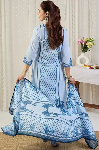 Ethnic Motifs Printed Notch Neck Thread Work Pure Cotton Kurta Trousers & Dupatta