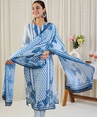 Ethnic Motifs Printed Notch Neck Thread Work Pure Cotton Kurta Trousers & Dupatta 5