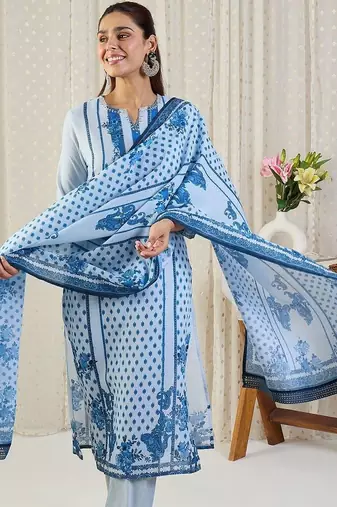 Ethnic Motifs Printed Notch Neck Thread Work Pure Cotton Kurta Trousers & Dupatta
