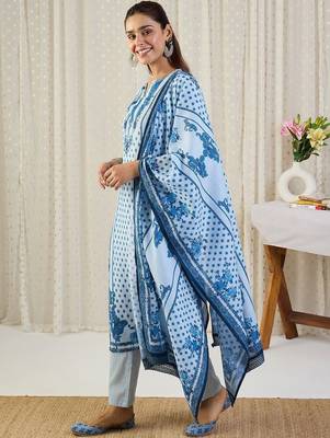 Ethnic Motifs Printed Notch Neck Thread Work Pure Cotton Kurta Trousers & Dupatta 6