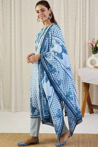 Ethnic Motifs Printed Notch Neck Thread Work Pure Cotton Kurta Trousers & Dupatta