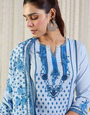 Ethnic Motifs Printed Notch Neck Thread Work Pure Cotton Kurta Trousers & Dupatta 7