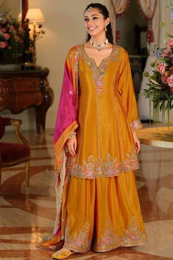 Women Ethnic Motifs Embroidered Regular Thread Work Kurta with Sharara & With Dupatta