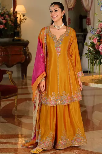 Women Ethnic Motifs Embroidered Regular Thread Work Kurta with Sharara & With Dupatta