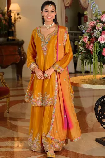 Women Ethnic Motifs Embroidered Regular Thread Work Kurta with Sharara & With Dupatta