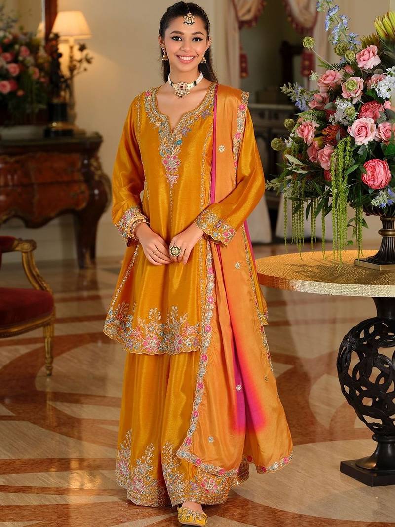 Women Ethnic Motifs Embroidered Regular Thread Work Kurta with Sharara & With Dupatta