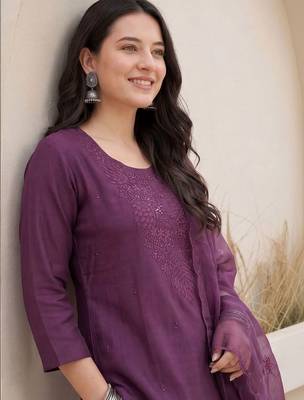 Women Ethnic Motifs Embroidered Regular Thread Work Kurta with Trousers & With Dupatta 2