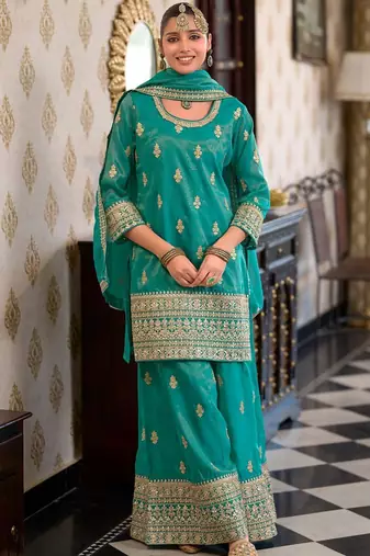 Women Ethnic Motifs Embroidered Mirror Work Kurta with Palazzos & With Dupatta