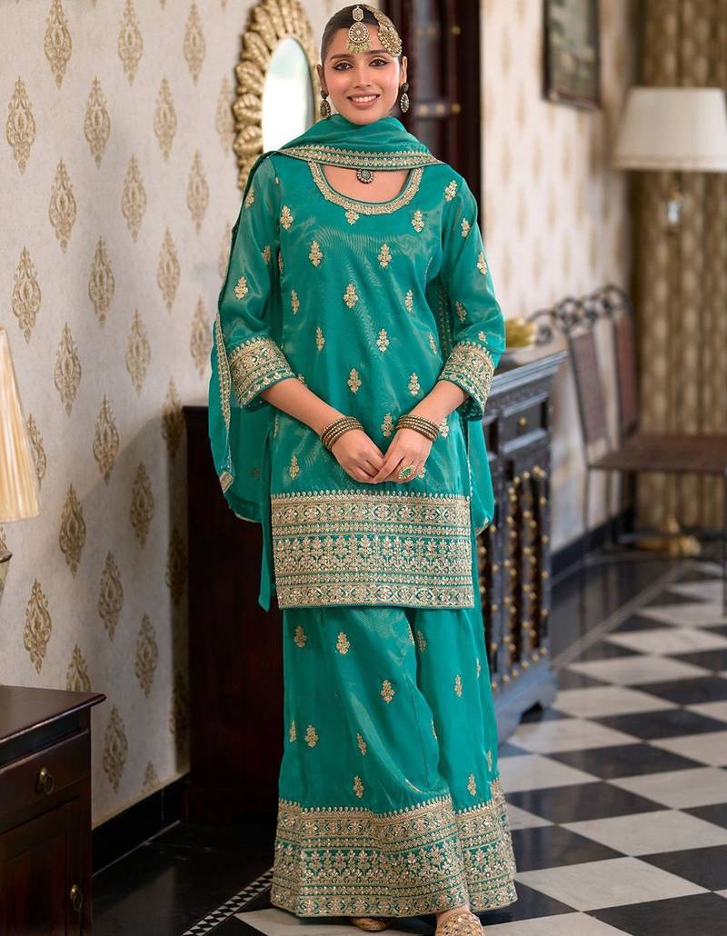 Women Ethnic Motifs Embroidered Mirror Work Kurta with Palazzos & With Dupatta
