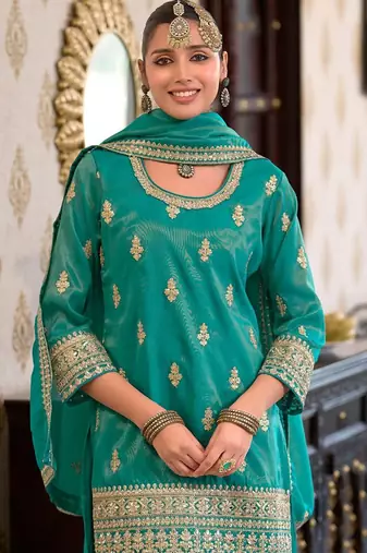 Women Ethnic Motifs Embroidered Mirror Work Kurta with Palazzos & With Dupatta