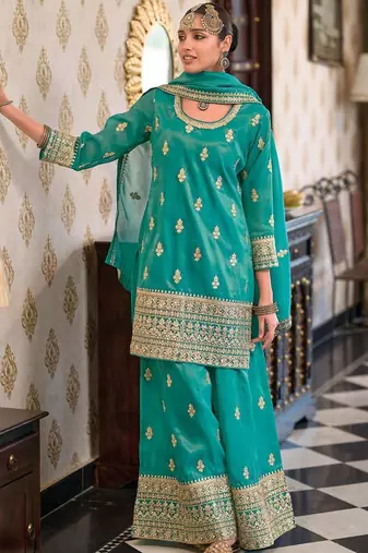 Women Ethnic Motifs Embroidered Mirror Work Kurta with Palazzos & With Dupatta
