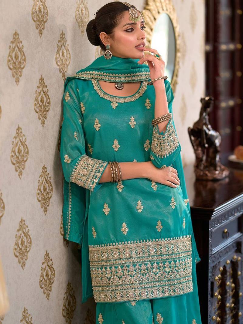 Women Ethnic Motifs Embroidered Mirror Work Kurta with Palazzos & With Dupatta