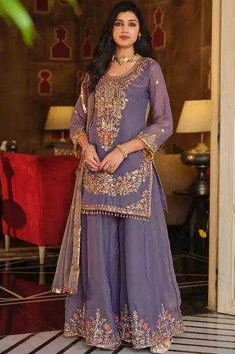 Women Ethnic Motifs Embroidered Regular Sequinned Kurta with Sharara & With Dupatta