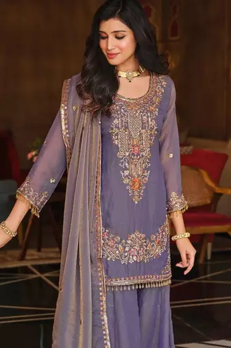Women Ethnic Motifs Embroidered Regular Sequinned Kurta with Sharara & With Dupatta