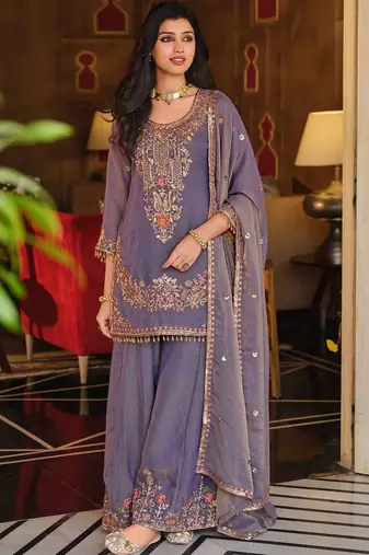 Women Ethnic Motifs Embroidered Regular Sequinned Kurta with Sharara & With Dupatta