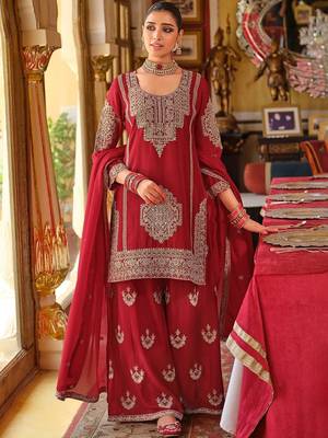 Ethnic Motifs Embroidered Chinon Beads & Stones Kurta With Palazzos & Dupatta 1