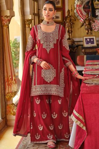 Ethnic Motifs Embroidered Chinon Beads & Stones Kurta With Palazzos & Dupatta