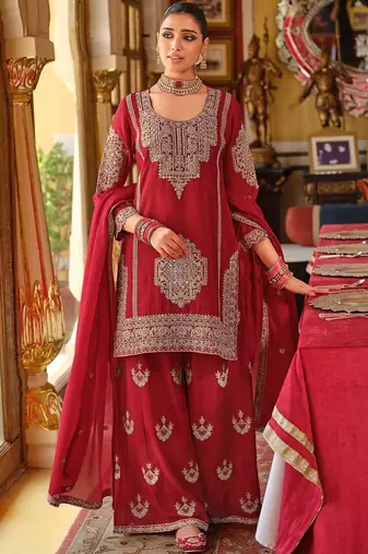 Ethnic Motifs Embroidered Chinon Beads & Stones Kurta With Palazzos & Dupatta
