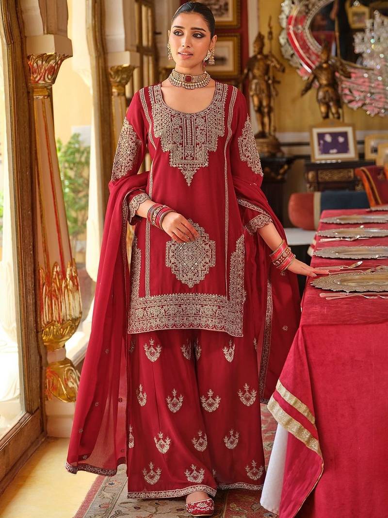 Ethnic Motifs Embroidered Chinon Beads & Stones Kurta With Palazzos & Dupatta