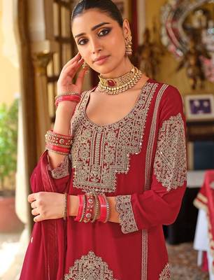 Ethnic Motifs Embroidered Chinon Beads & Stones Kurta With Palazzos & Dupatta 2